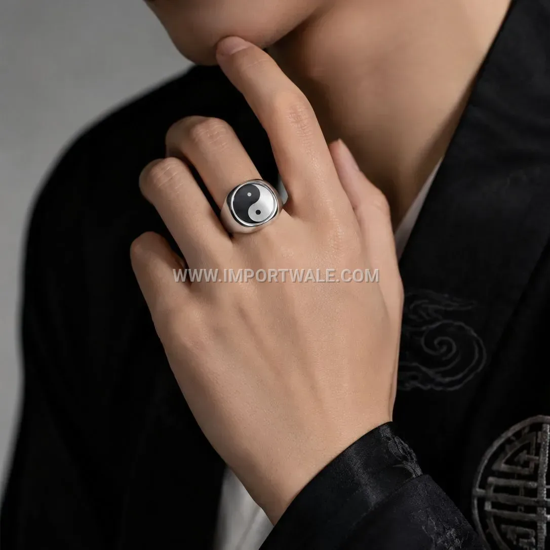 Men Stainless Steel Yin Yang Bagua Signet Ring