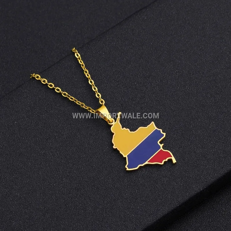 Enamel Colombia Map Stainless Steel Pendant Necklace