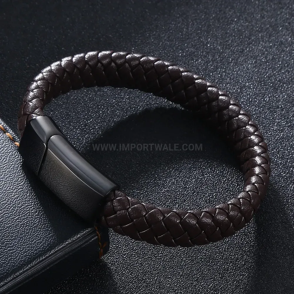 Braided Faux Leather Wristband with Stainless Steel Accent