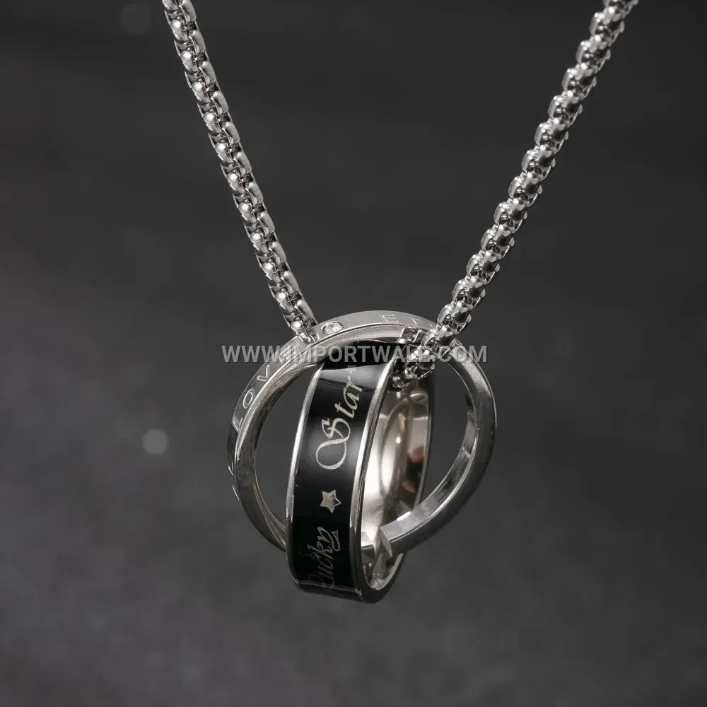 Men Double Ring Stainless Steel Pendant Necklace