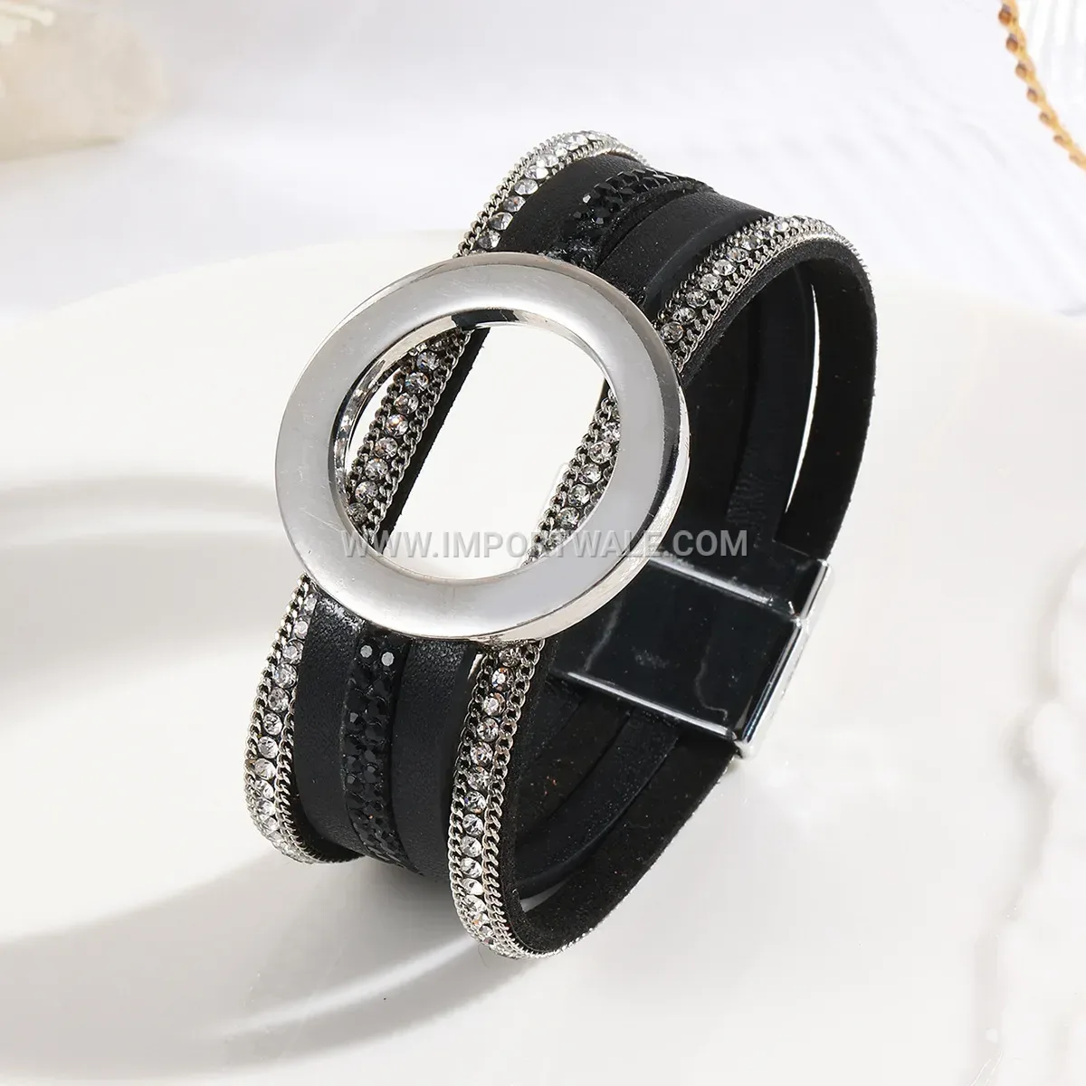 Multi-Layer Faux Leather Ring Accent Bracelet with Magnetic Clasp