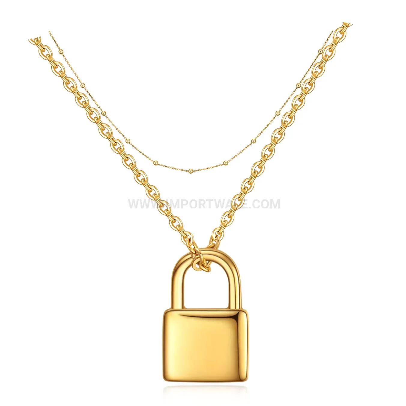 Polished Lock Pendant Layered 18K Gold Plated Stainless Steel Necklace