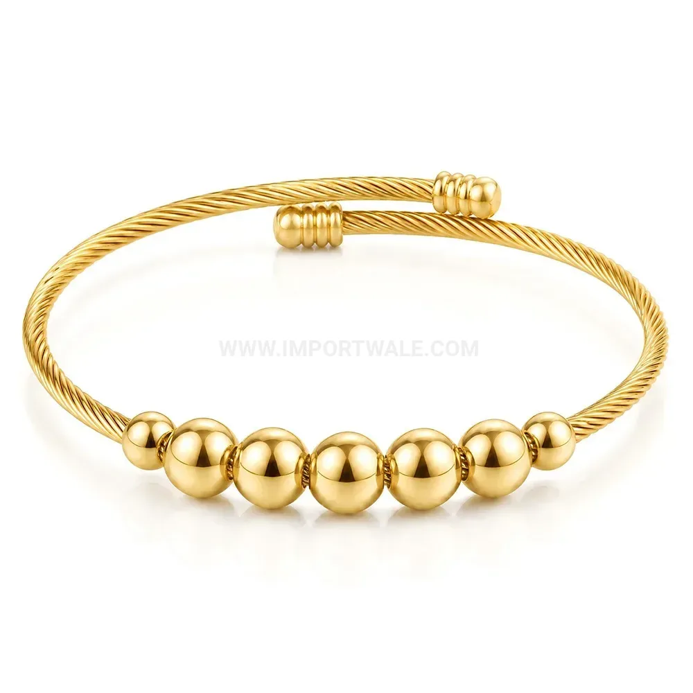 Trendy Flexible Stainless Steel Cable Cuff with Bead Ends