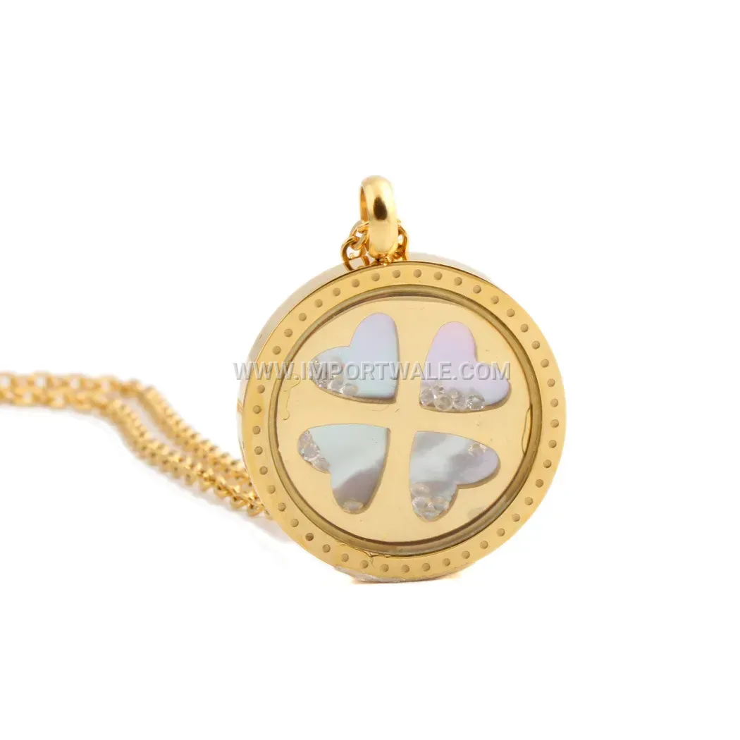 Gold Stainless Steel Cutout Clover Pendant Necklace with Crystal Accent