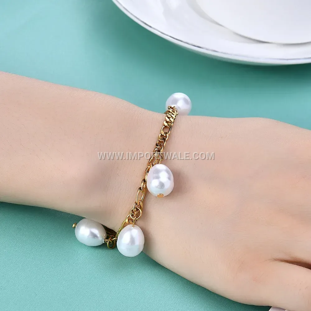 Imitation Pearl Figaro Chain Stainless Steel Bracelet