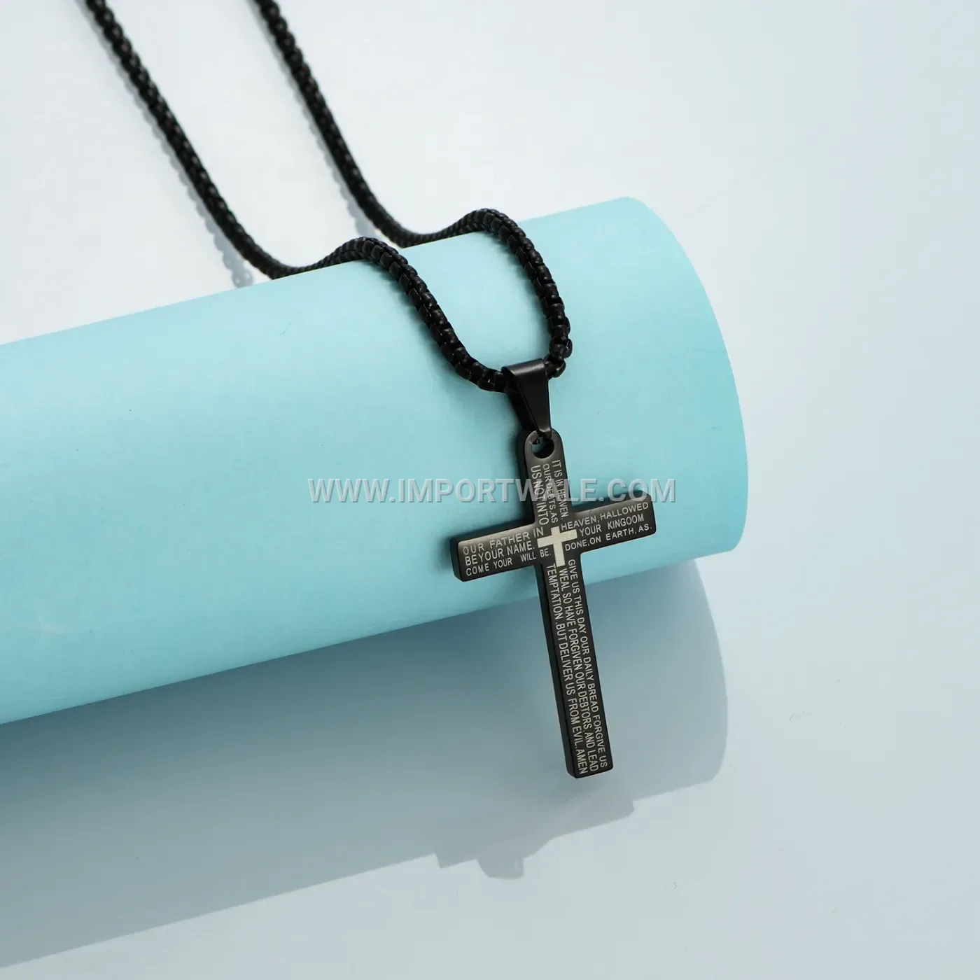Tri-Color Engraved Cross Stainless Steel Pendant Necklace