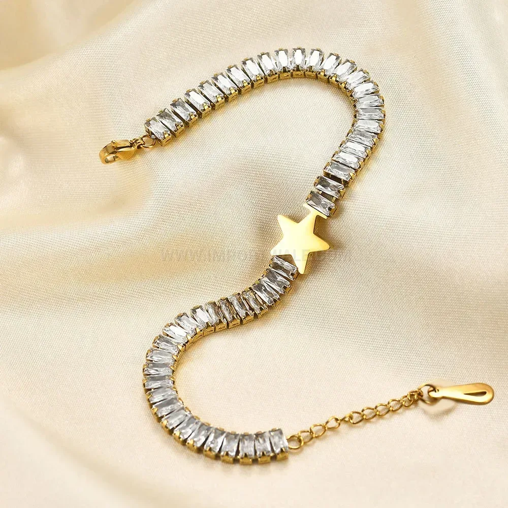 Stainless Steel Cubic Zirconia Star Square Link Bracelet
