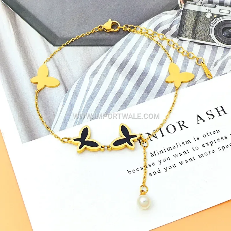 Faux Pearl Butterfly Charm Chain Anklet in Gold Tone Stainless Steel