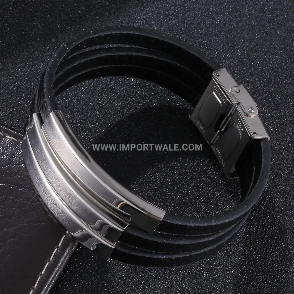 Sleek Stainless Steel Black Leather Cord Wristband