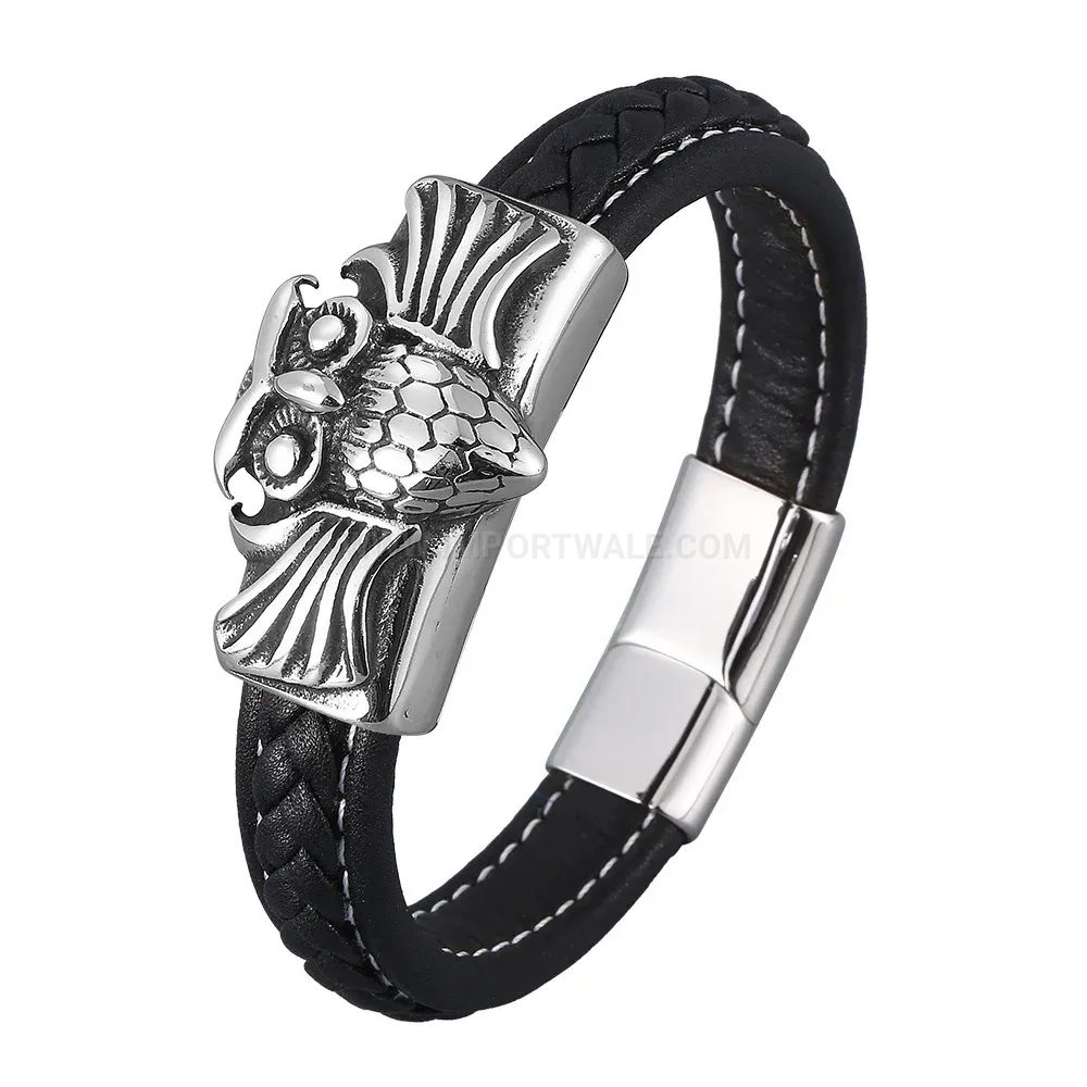 Chic Owl Motif Stainless Steel Leather Bracelet With Magnetic Closure