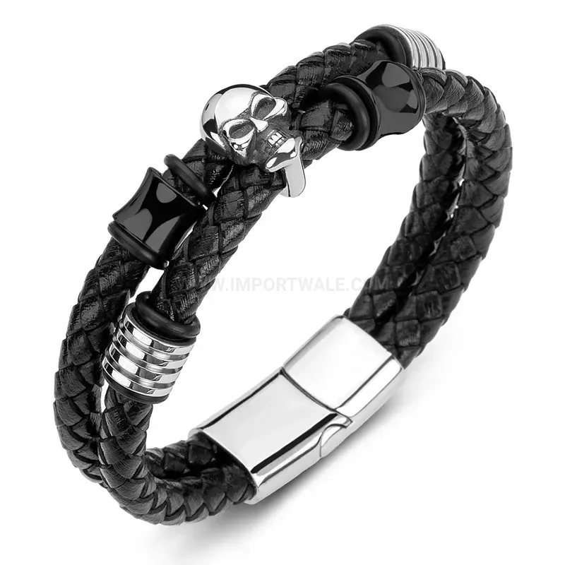 Elegant Handcrafted Double Layer Leather Skull Bracelet in Stainless Steel