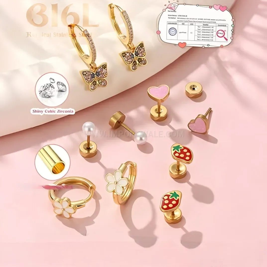 Classic Cute Strawberry Heart Stainless Steel Earring Set with Zircon Butterfly