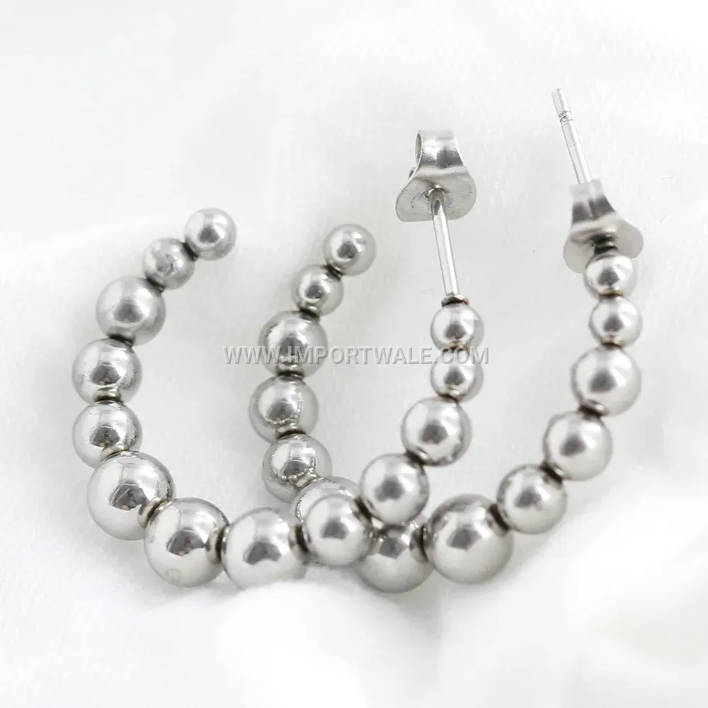 Graduated Beaded C-Shaped Stainless Steel Hoop Earrings in Gold and Steel