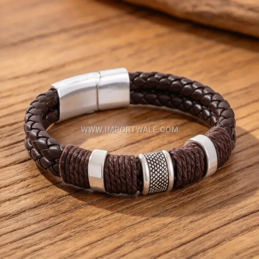 Double Strand Woven Stainless Steel Leather Magnetic Bracelet