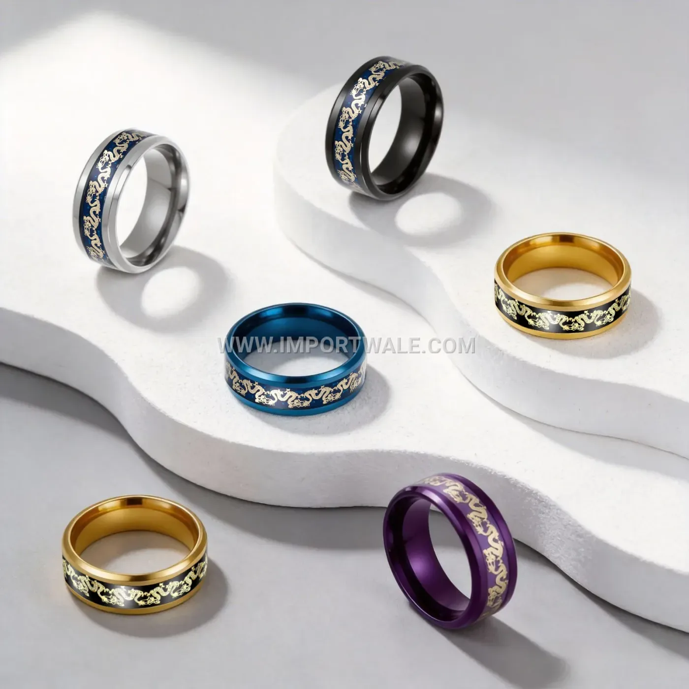 Beveled Edge Dragon Motif Stainless Steel Ring Band