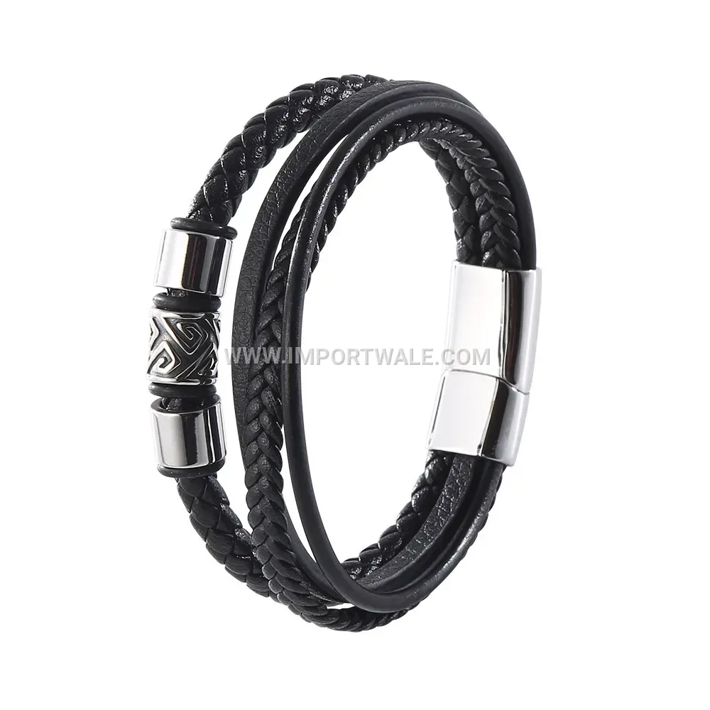 Multi Layer Handwoven Leather Men Stainless Steel Cuff Bracelet