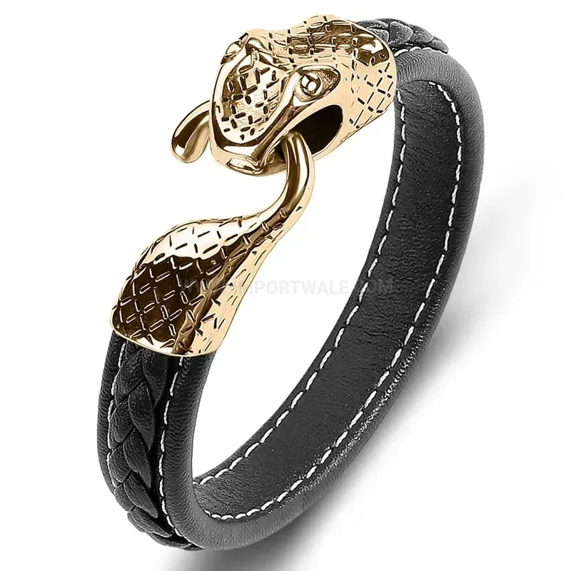 Handcrafted Snake Accent Stitched Microfiber Leather and Stainless Steel Wristband