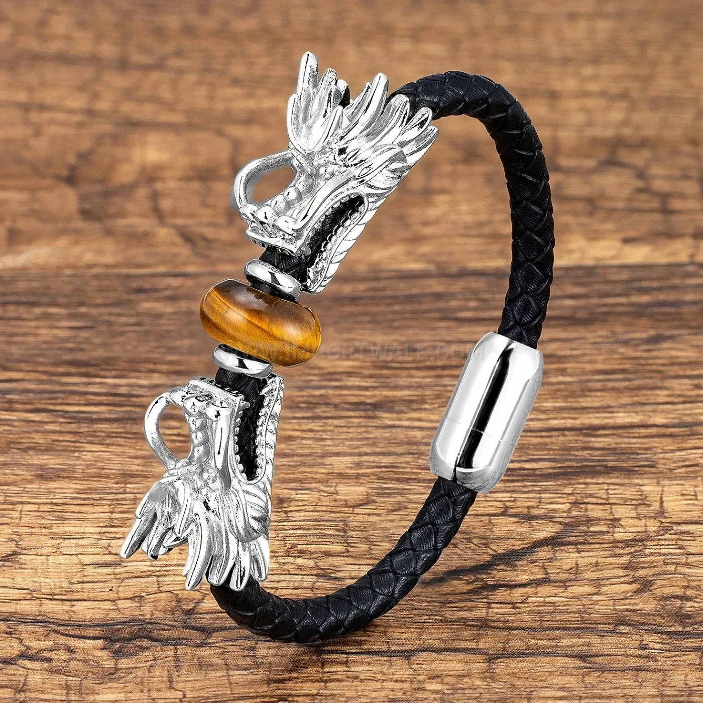Double Dragon Head Leather Braided Stone Bracelet