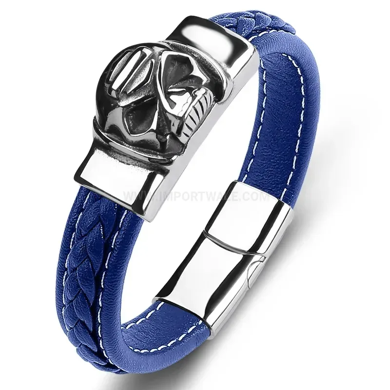 Bold Men's Stainless Steel Skull Accent Leather Bracelet