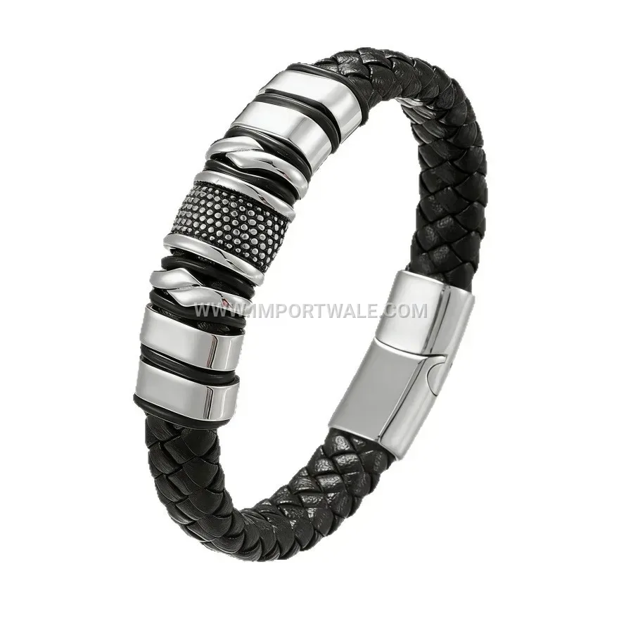 Men's Braided Leather Beaded Bracelet With Magnetic Alloy Clasp
