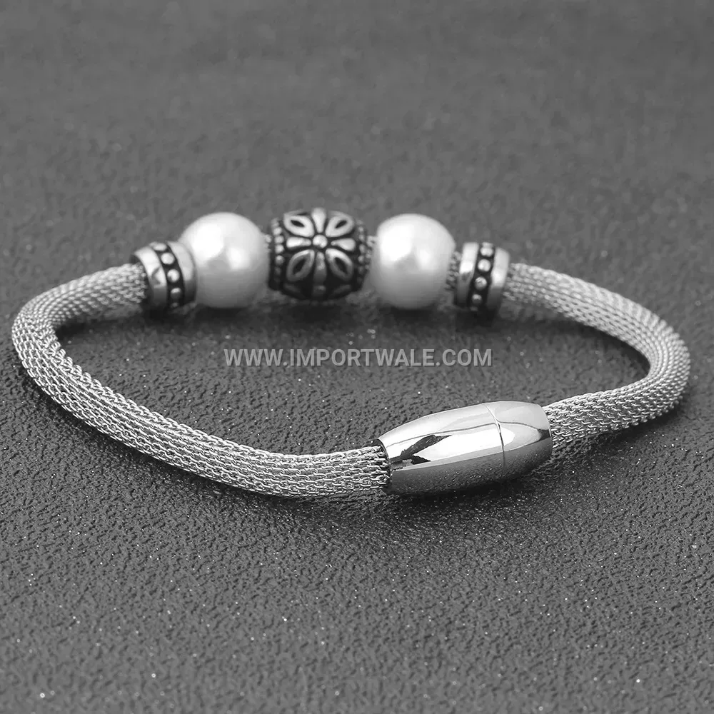 Stainless Steel Mesh Chain Pearl Accent Bracelet