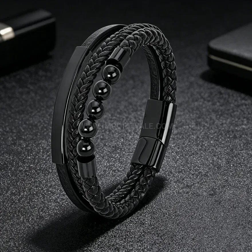 Chic Handcrafted Woven Leather Bracelet with Natural Stone Accent