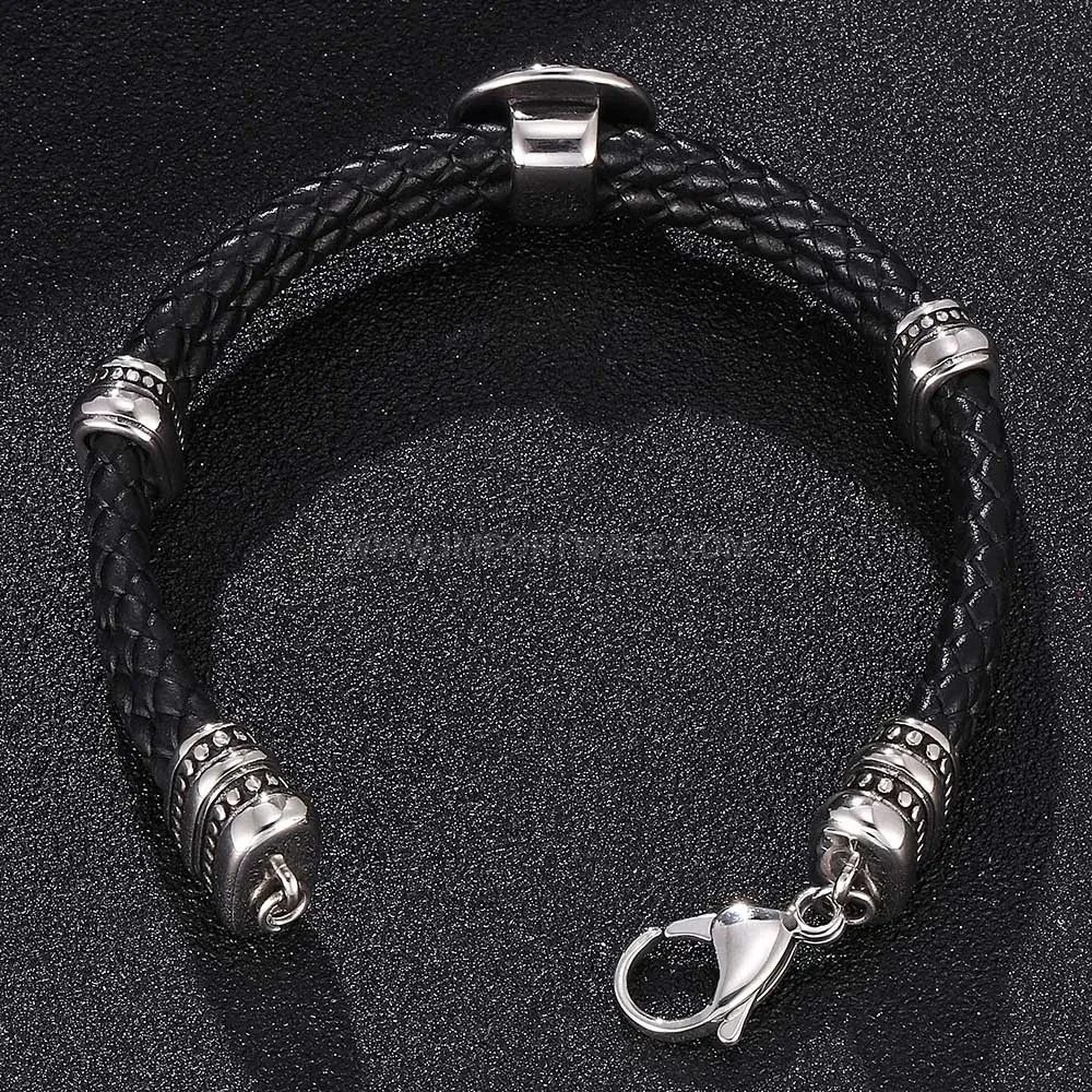 Retro Geometric Stainless Steel Black Leather Wristband For Men