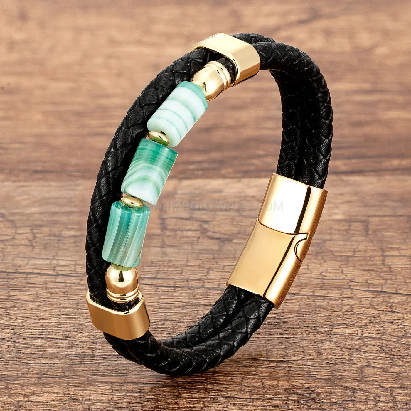 Double Layer Braided Leather Natural Stone Wristband Stainless Steel Clasp