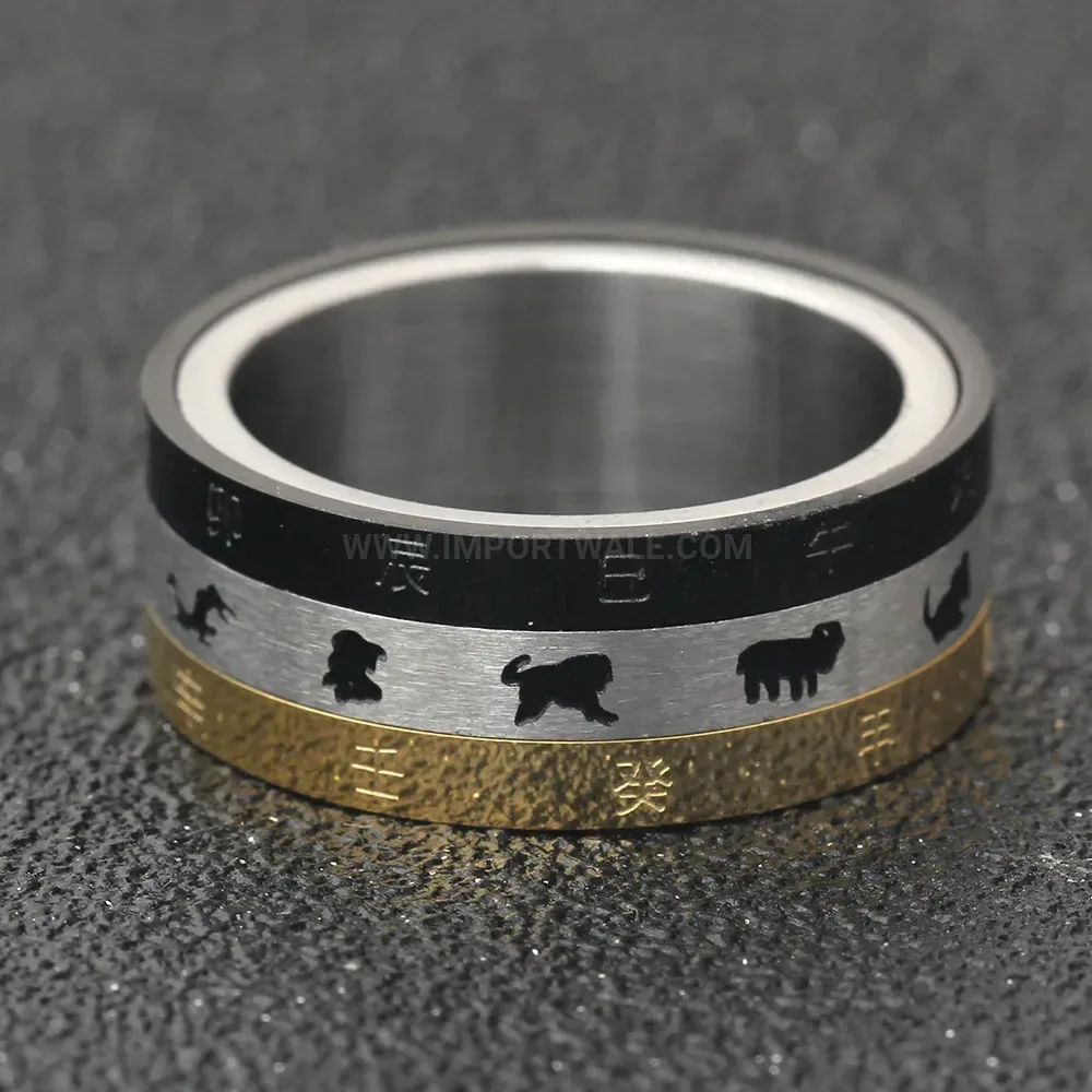 Premium Tri Color Spinner Stainless Steel Zodiac Motif Ring