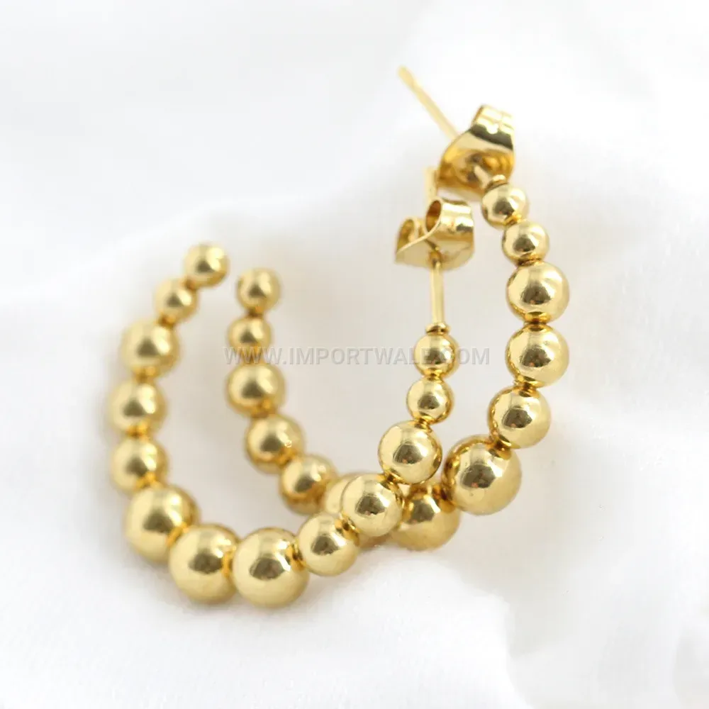 Graduating Bead C-Shape Stainless Steel Hoop Earrings
