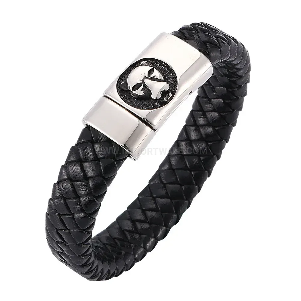 Braided Leather Stainless Steel Magnetic Clasp Punk Wolf Bracelet