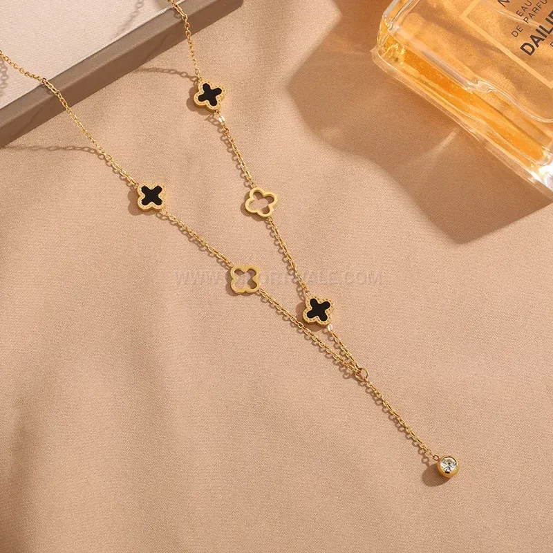 Titanium Steel Four Leaf Clover Charm Pendant Tassel Necklace