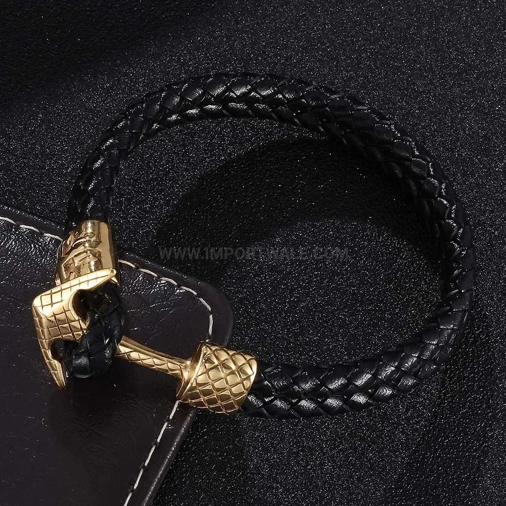 Braided Leather Wristband with Stainless Steel Anchor Clasp