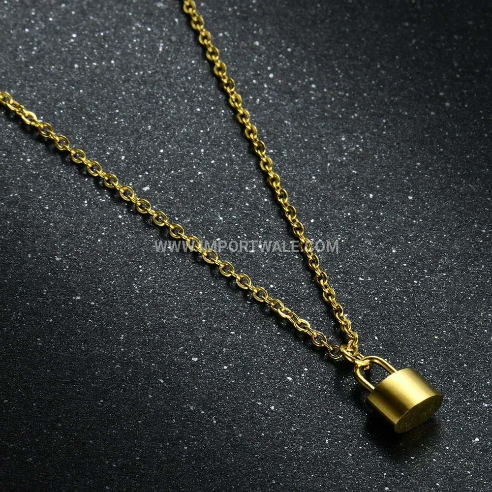 Gold Stainless Steel Layered Heart Lock Sweater Chain Necklace