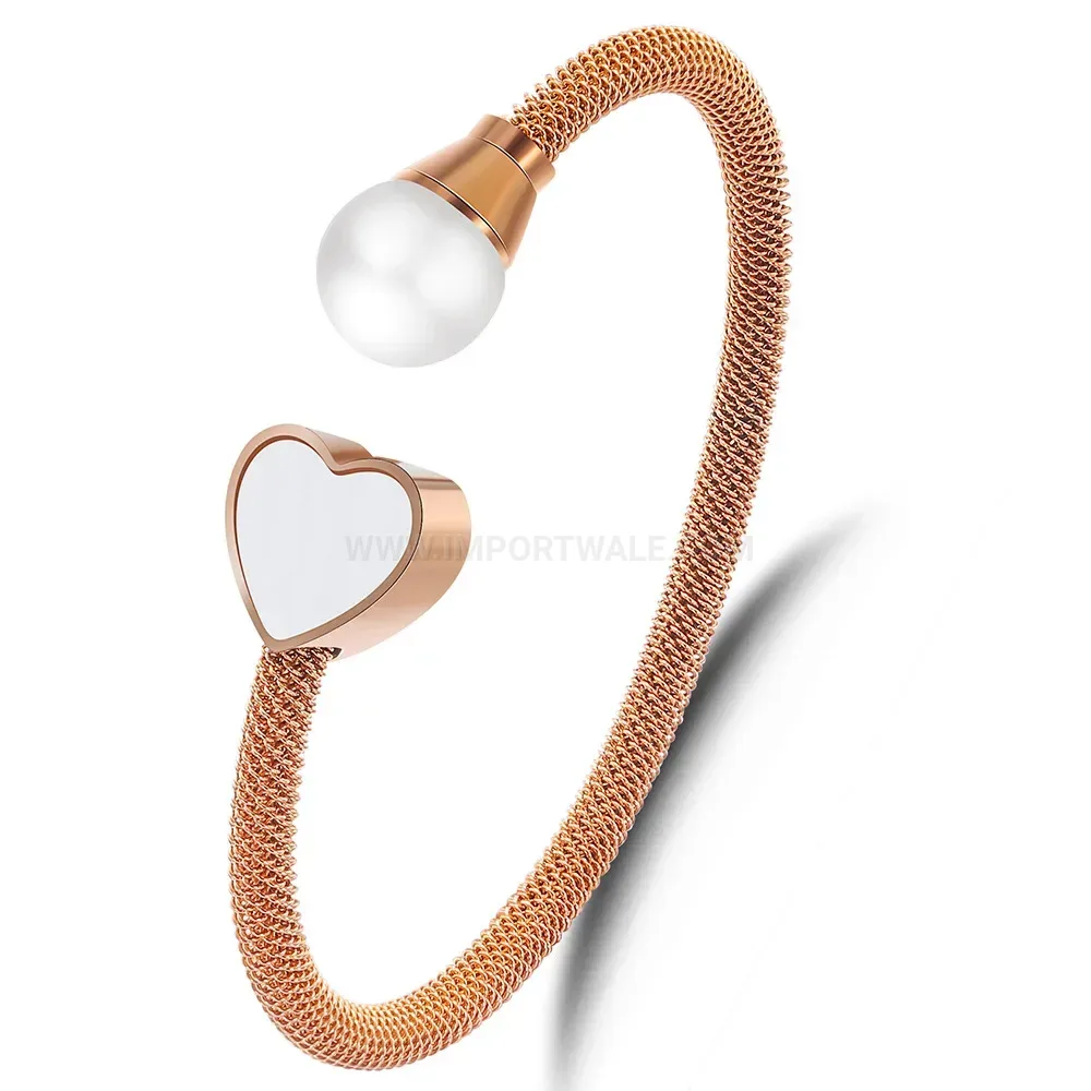Modern Heart and Pearl Accent Stainless Steel Cable Bangle Bracelet