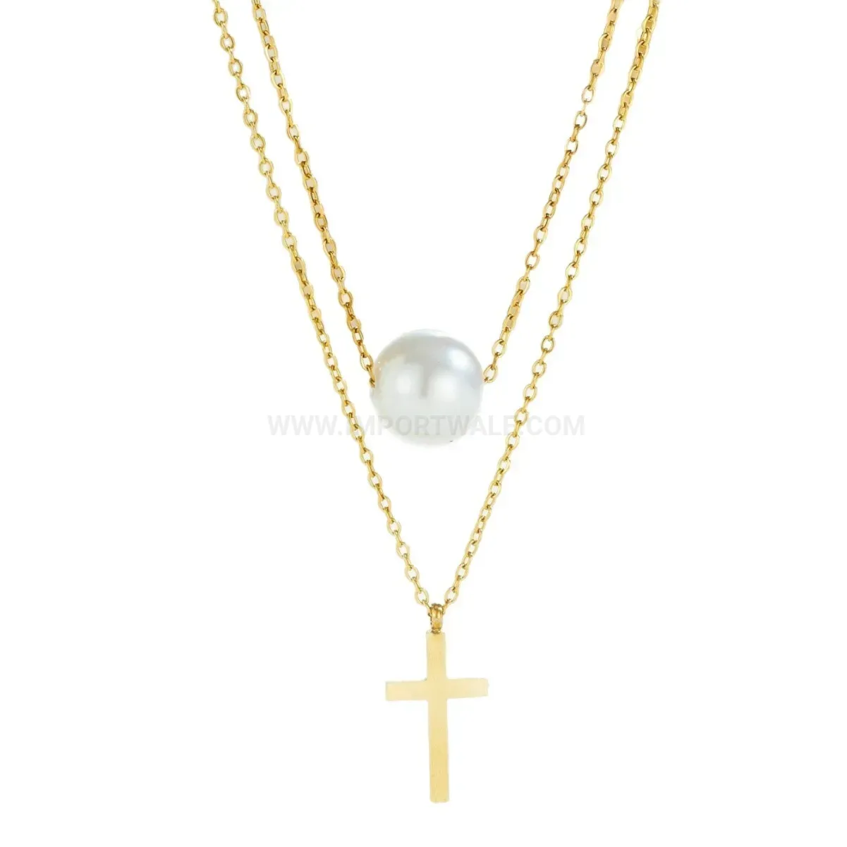 Designer Gold Stainless Steel Layered Cross and Pearl Pendant Necklace