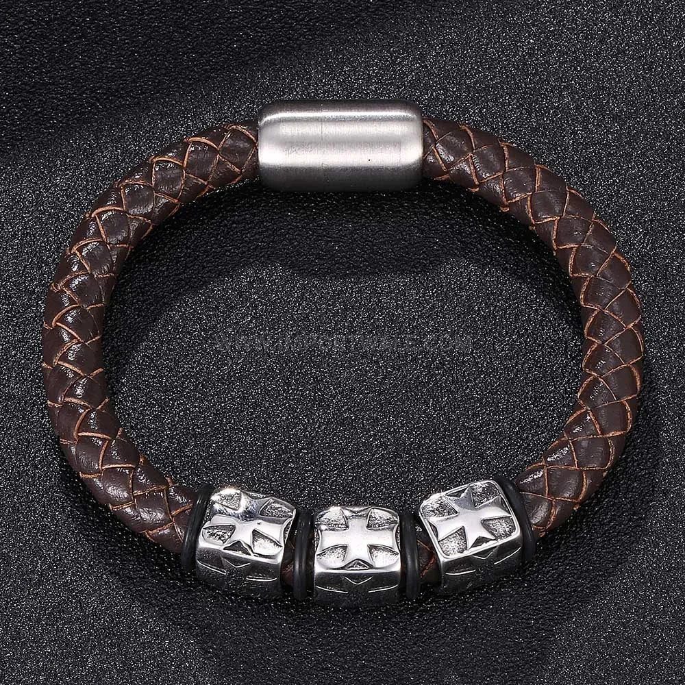 Premium Stainless Steel Cross Accent Braided Leather Bracelet for Men