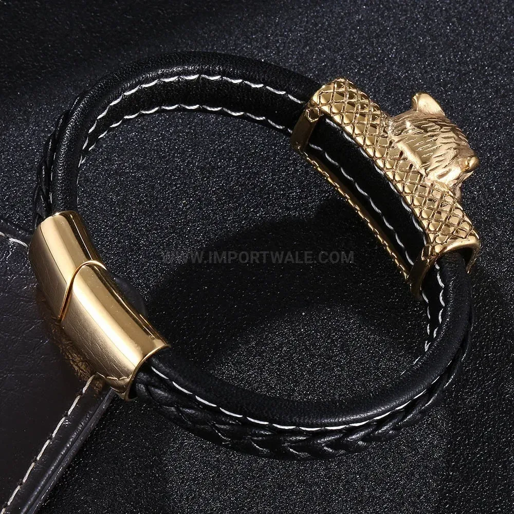 Gold-Tone Stainless Steel Magnetic Clasp Microfiber Leather Wristband