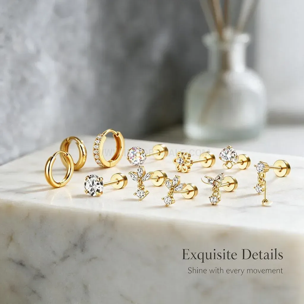 Chic Stainless Steel Geometric Piercing Earrings Stack Set