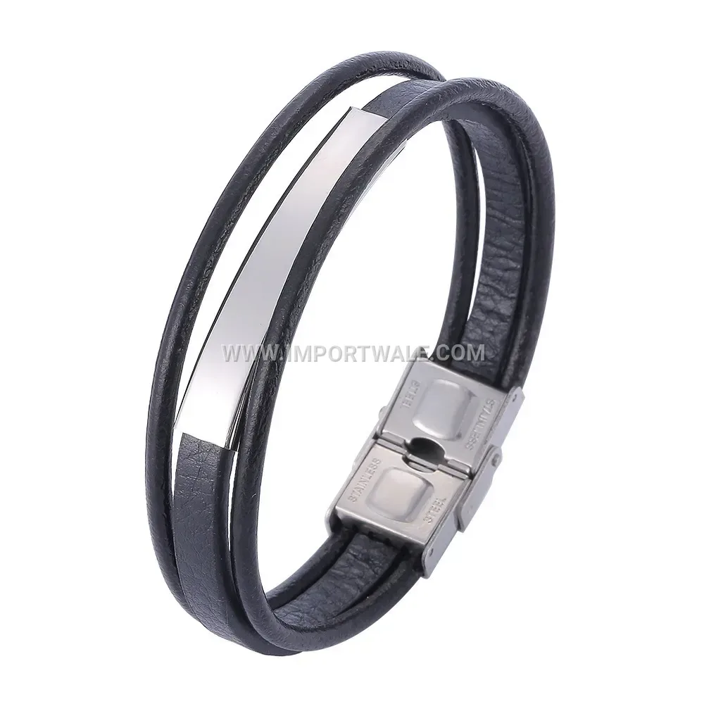 Retro Geometric Stainless Steel Leather Cuff Bracelet