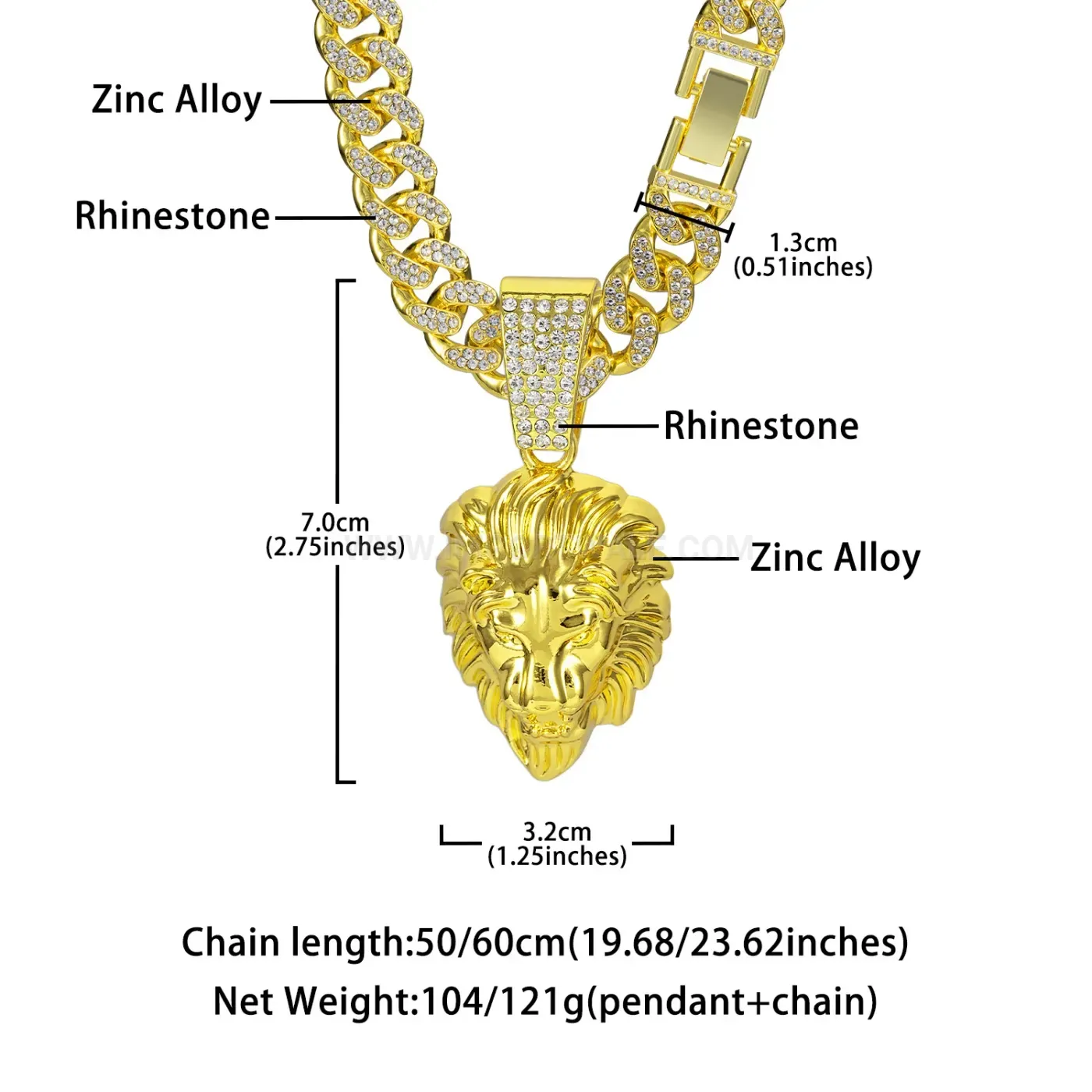 Elegant Iced Out Alloy Lion Head Pendant Cuban Chain Necklace