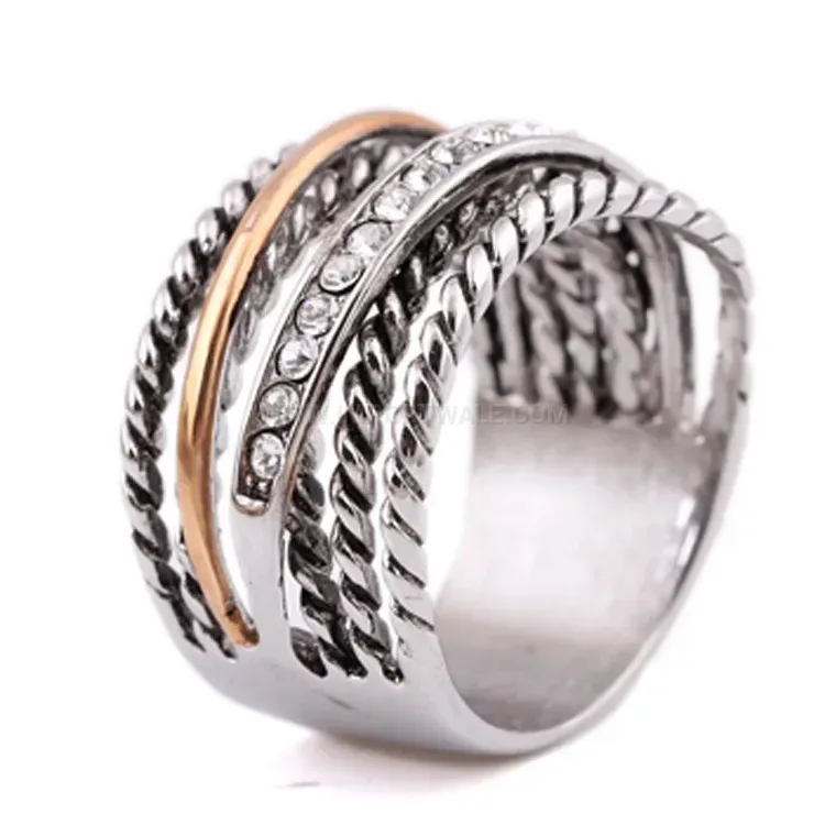 Classic Two Tone Rhinestone Titanium Steel Geometric Ring