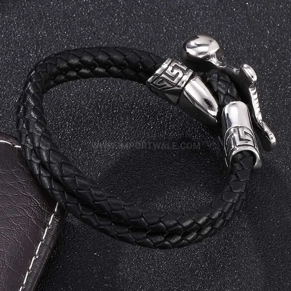 Braided Leather Stainless Steel Skull Cross Men Bracelet