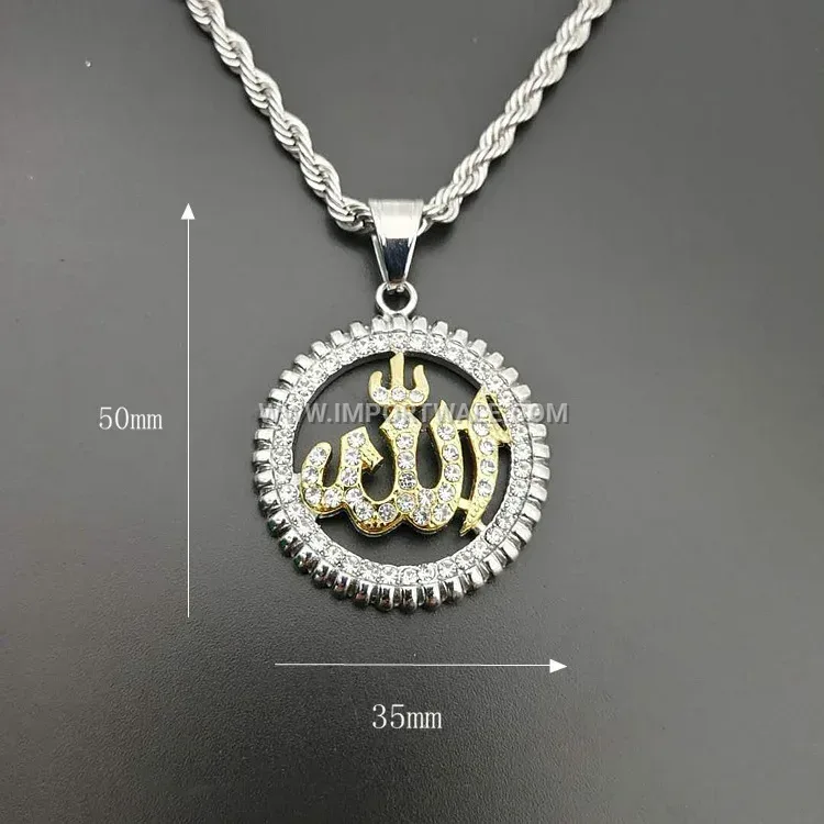 Sparkling Zircon Stainless Steel Arabic Calligraphy Allah Pendant Necklace