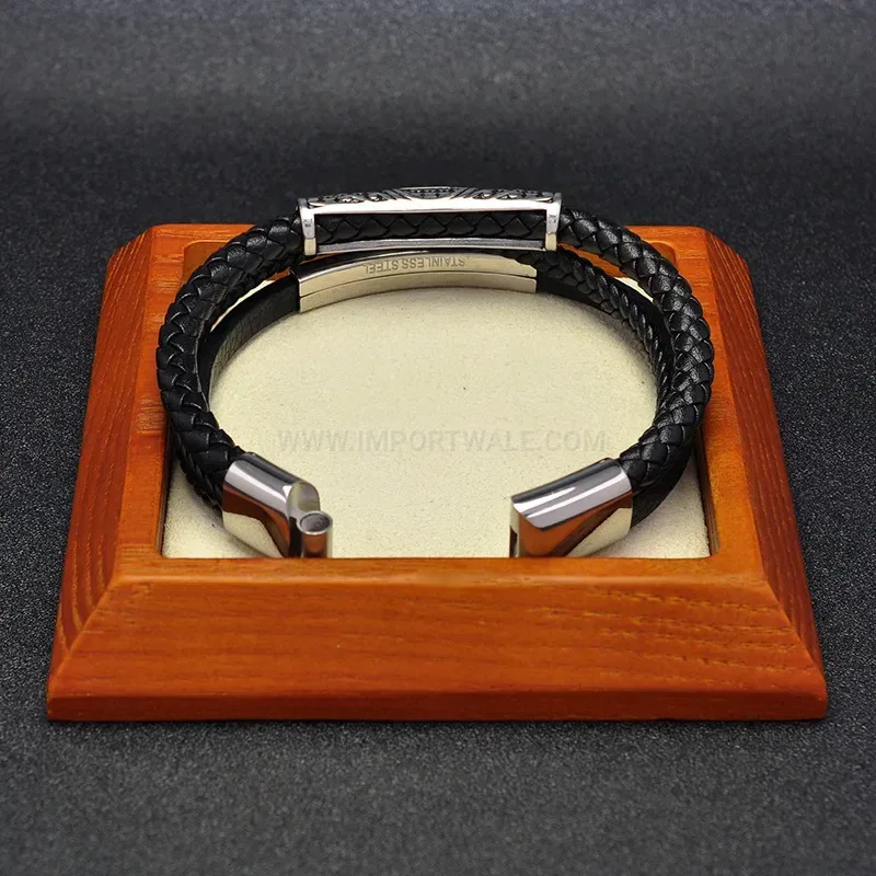 Designer Woven Microfiber Leather Stainless Steel Accent Men Wristband