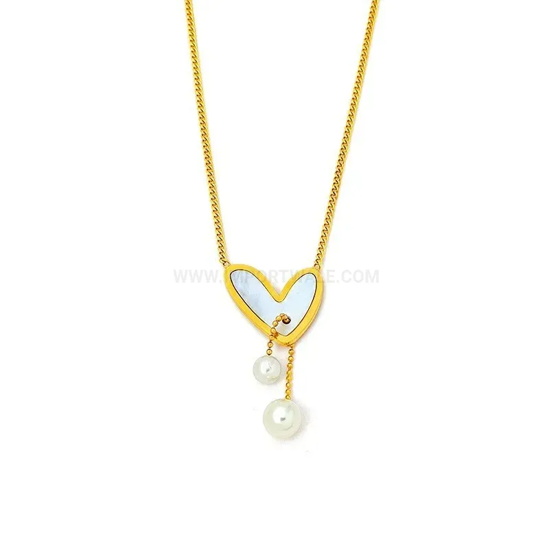 Fashion Gold Titanium Steel Heart Pendant Necklace with Faux Pearl Detail