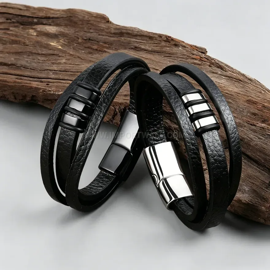 Chic Double Strand Braided Leather Cuff Bracelet with Metallic Magnetic Lock