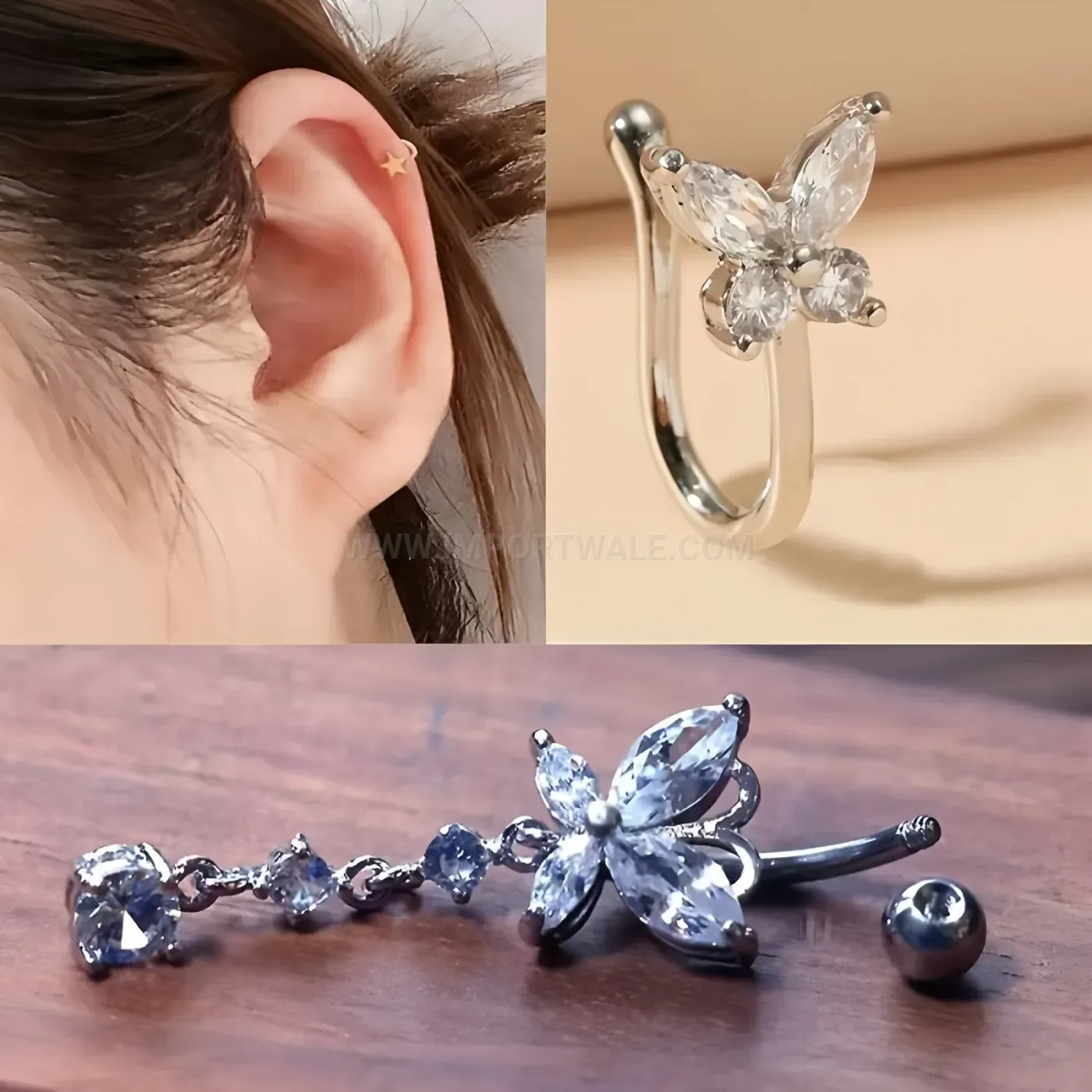 Delicate Rhinestone Butterfly Stainless Steel Multi Placement Body Piercing Set
