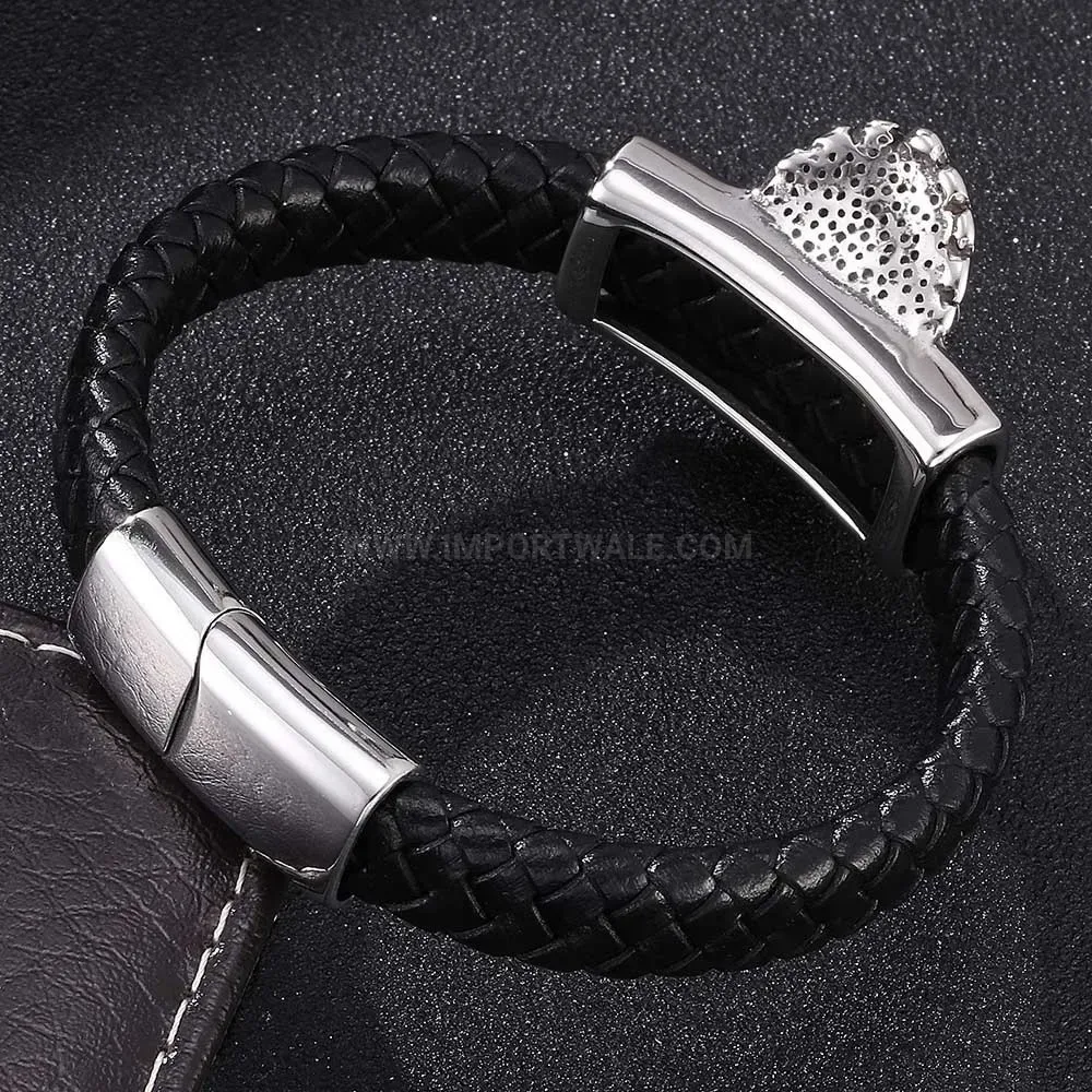 Stylish Vintage Skull Electroplated Stainless Steel Leather Wristband Bracelet