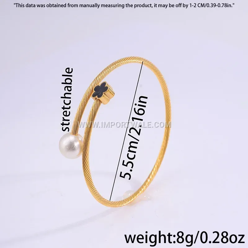 18K Gold Plated Titanium Steel Elastic Open Bangle with Pearl